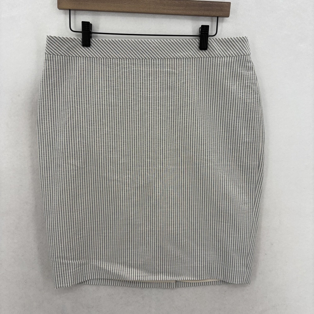 Ann Taylor Skirt Womens 12P Blue Stripe Knee Length Pencil Stretch Seersucker